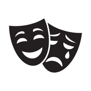 Black and white illustration of comedy and tragedy theatrical masks facing each other