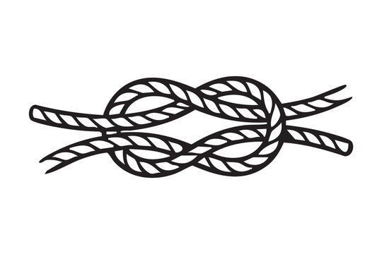 Tied rope knot sketched in outline diagrammatic lineart suggests strength and reliability, nautical vibe with maritime rigging reference, suitable for boating, camping, survival branding, ropework