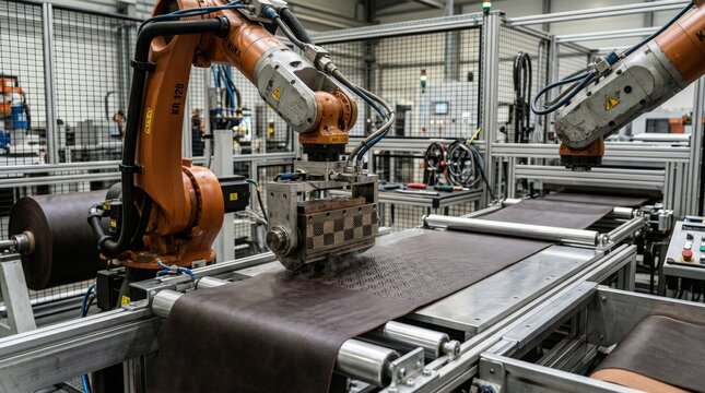 Closeup medium shot of robots handling leatherette sheets embossing textured patterns that enhance the materials quality and visual appeal in a controlled industrial setup.