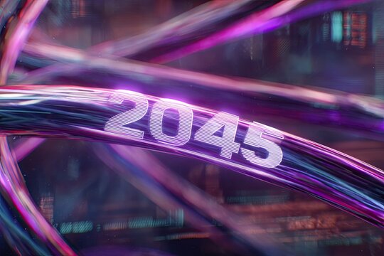 Futuristic network of glowing cables displays the year 2045