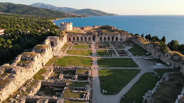 Aerial View of the Ancient Butrint Ruins, Nestled by the Turquoise Waters of the Adriatic Sea