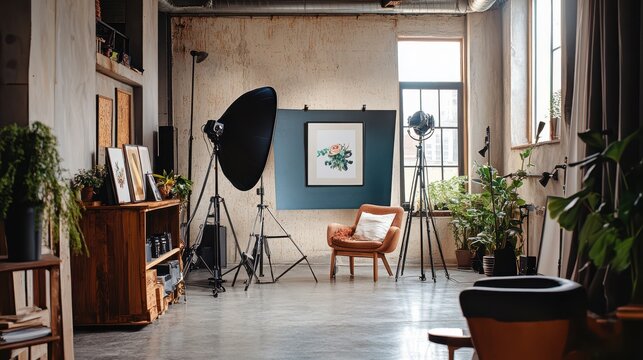 A studio with a large window lets in natural light. There are plants, art pieces, and photography gear arranged in the room. The atmosphere feels inviting and creative.