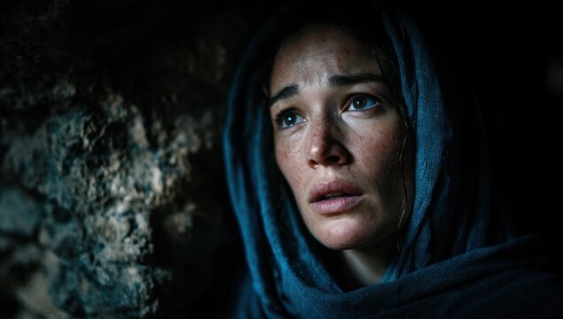 The grieving Mary Magdalene at the tomb of Jesus.