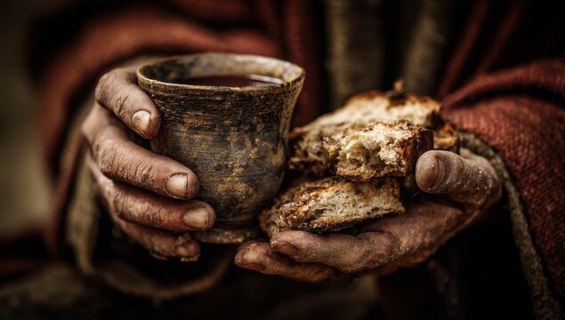Old man hold bread and chalice of wine. Christian communion concept for reminder of Jesus sacrifice.