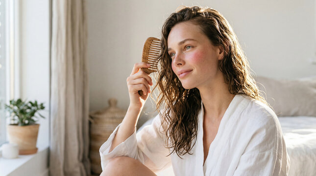 Lifestyle beauty photo: woman with loose natural wavy hair, soft 2B waves with visible texture, hair slightly damp from shower, wearing a white linen robe, sitting by a window, holding a brush