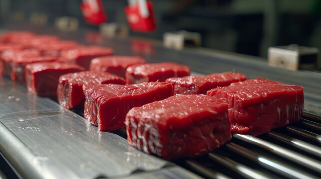 Refrigerated conveyor belt transporting raw beef steaks in industrial processing facility