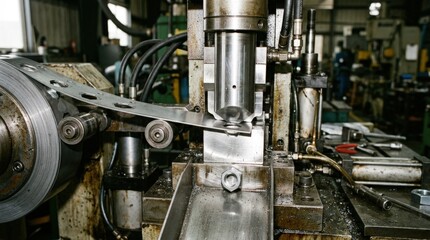 Obraz premium Closeup medium view of thin hex nut blanks being punched from flat steel coil emphasizing lightweight hardware production and delicate stamping technique.