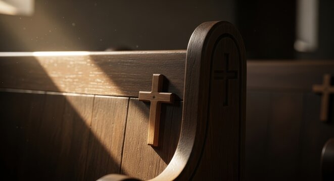 A close up view of a wooden church pew decorated with a small cross symbol in a quiet sanctuary
