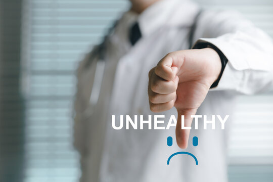 The hand with the thumb turned downwards, as indicated by doctors, suggests stopping unhealthy habits, medical treatments, and contraindications that doctors do not recommend.