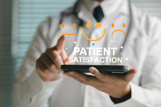 Patient satisfaction is highlighted by physicians pointing to digital medical interfaces for customer medical experience feedback, evaluations and suggestions, healthcare, online medical documents.