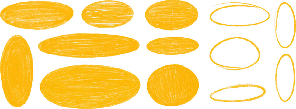 Crayon style frames and boxes. Yellow round and oval borders in kid hand drawn style