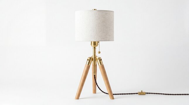 A sophisticated table lamp featuring a tripod wooden base and a textured fabric drum lampshade