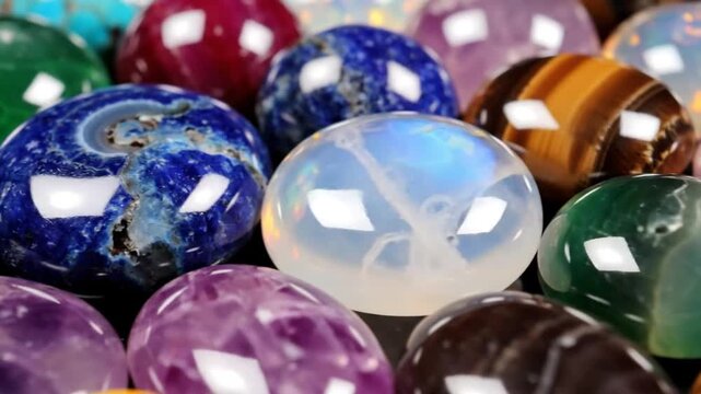 Colorful collection of polished gemstones and semi precious crystals