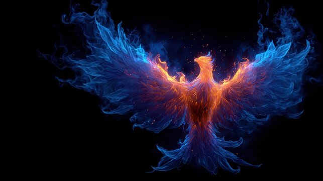 A mythical bird with colorful flames spreads its wings wide as it flies in the darkness. The fire emits bright colors and gives a sense of movement and energy to the scene.