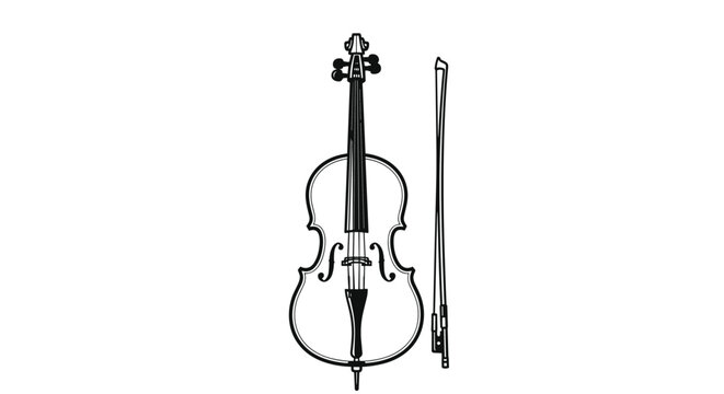 Detailed hand drawn illustration of a classical cello string instrument with its accompanying bow isolated on a white background.