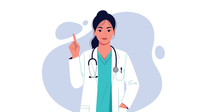 Confident female doctor wearing a white medical coat and stethoscope pointing her index finger up to give advice on a blue background.