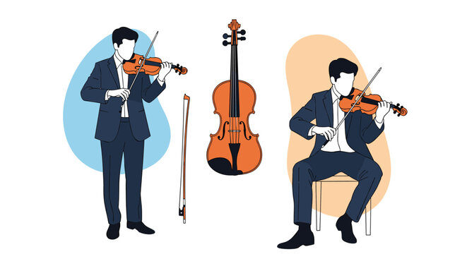 Musical illustration featuring male violinists playing their instruments standing and sitting alongside a detailed violin and bow.