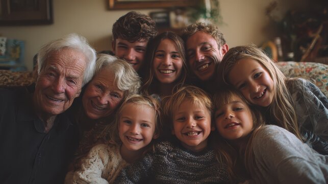 Group of family members smile and enjoy each other's company in a living room. There are young children and adults, showing happiness and closeness among generations.