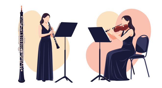 Two female musicians elegantly dressed in long gowns playing the oboe and violin during a classical music concert.