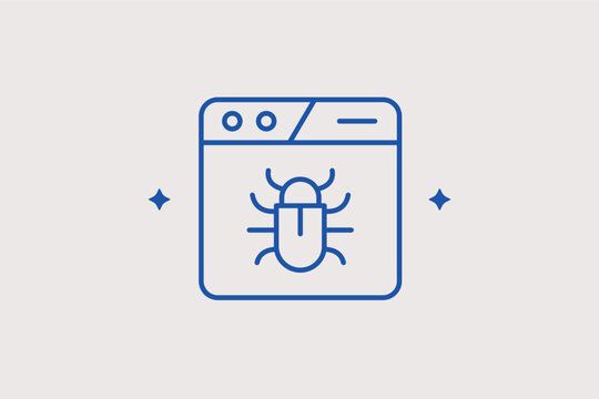 Web browser with bug line icon for software testing and website error debugging. Technical Vector Illustration for quality assurance reports and programmer troubleshooting guides.