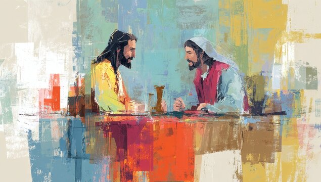 Painting of Jesus and another man sitting at a table and talking.