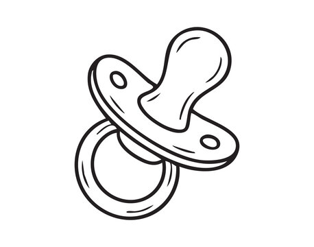 Handcrafted silicone baby comfort icon. Minimalist pediatric soothing device line illustration. Simple handdrawn illustration of silicone pacifier for newborn comfort and nursery decoration