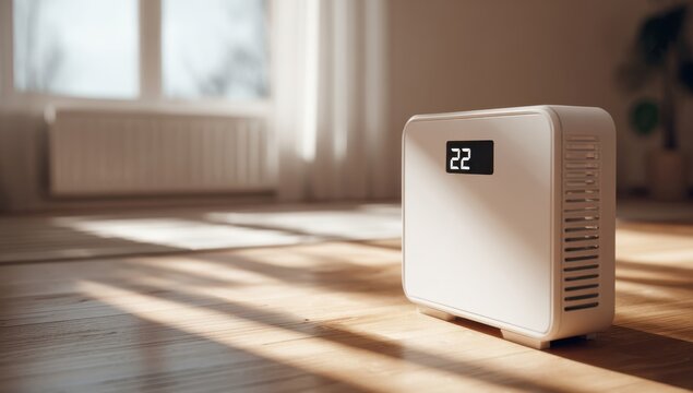 A modern white heating unit in living room.