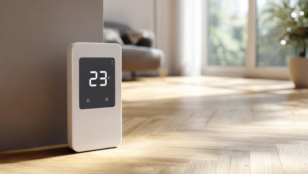 A modern white heating unit in living room.