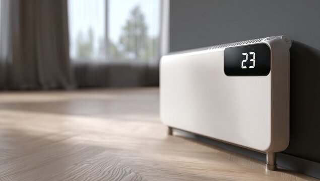 A modern white heating unit in living room.