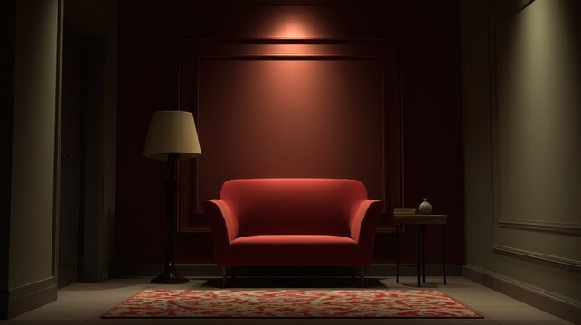 Interior scene features a plush single seat illuminated by warm overhead lighting against deep colored walls.