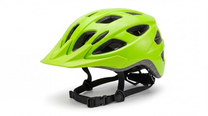 Fototapeta premium A bright neon green bicycle helmet designed with multiple ventilation holes for mountain biking