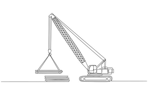 Single one line drawing classic demolition crane with a wrecking ball, highlights the movement and purpose of the heavy-duty machinery. 