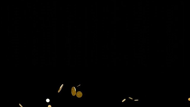 Gold Realistic 3D rupee coins exploding loop black background. 4k gold coins falling. 3D animation Gold coin rain slow motion video Sparkle Particles.	