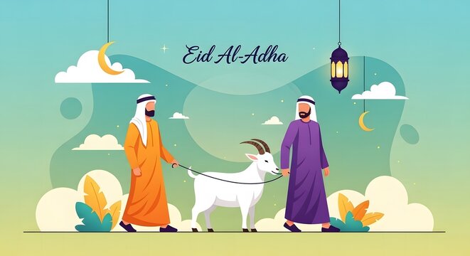 Eid al adha mubarak festive illustration of eid day celebration with traditional attire
