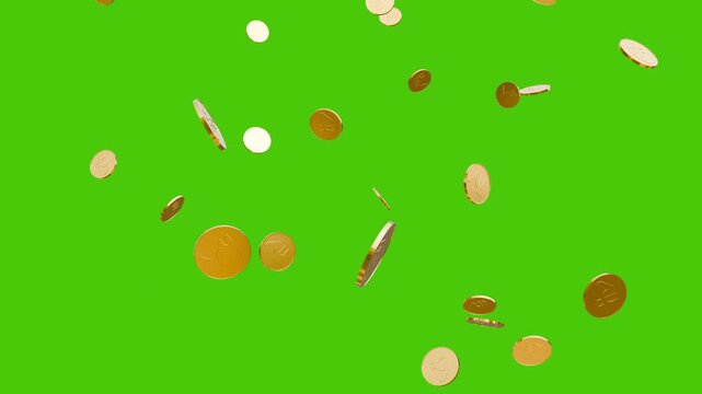 Indian rupees coins rain with Alpha Channel. Gold Coins Exploding Isolated on Green Screen 3D. Business and Currency Concept Gold Coin Spinning in the Air Overlay Animation.