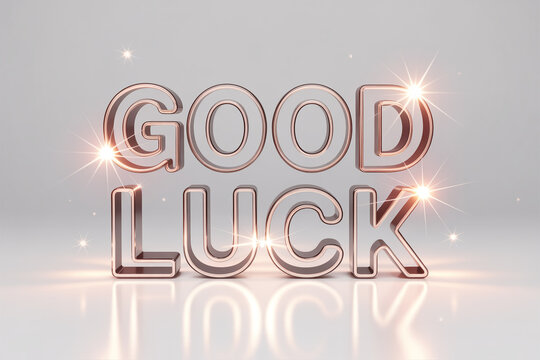A shiny 3D rendering of the words 'Good Luck' with sparkles and reflection
