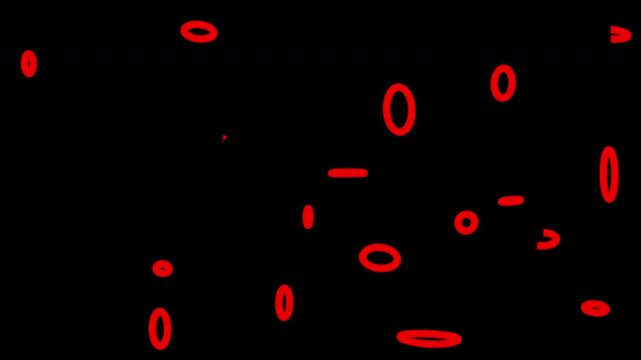 Dynamic motion graphic featuring multiple abstract red oval ring shapes scattered across a black background.
