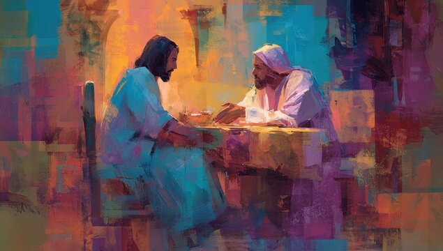 Painting of Jesus and another man sitting at a table and talking.