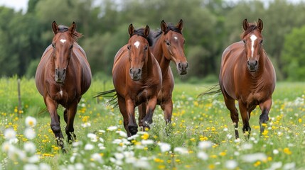 Majestic horses gallop gracefully across vibrant green meadows under a bright blue sky
