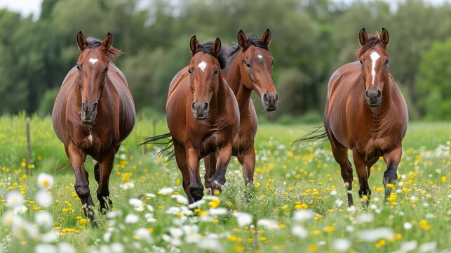 Majestic horses gallop gracefully across vibrant green meadows under a bright blue sky