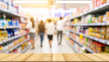 Obraz premium Supermarket Aisle Wooden Counter Foreground Blurred Shoppers Retail Environment Visuals