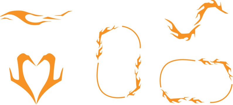 Orange decorative flame elements featuring stylized fire patterns arranged into various shapes including a heart and oval borders to be used for artistic projects requiring bold graphic symbols that p