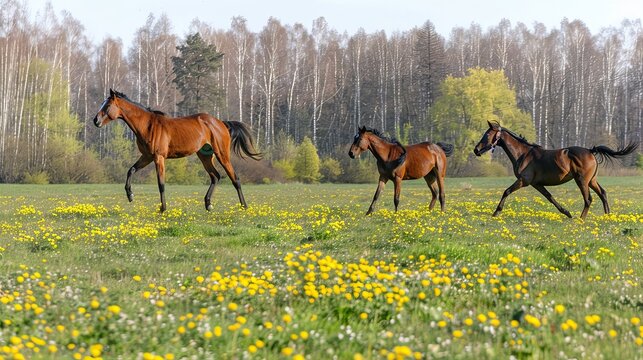 Majestic horses galloping freely across a lush green meadow under a bright blue sky