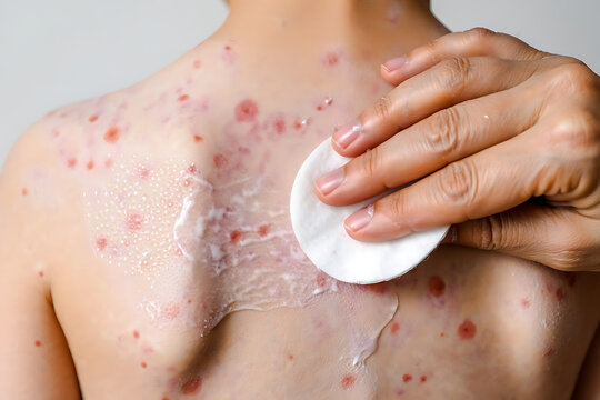 Person applying calamine lotion to childs back with chickenpox skin rash