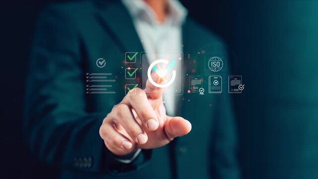 Businessman touching virtual check mark icon for ISO standard quality control, assurance warranty, and compliance certification. Concept of premium service and corporate business excellence.