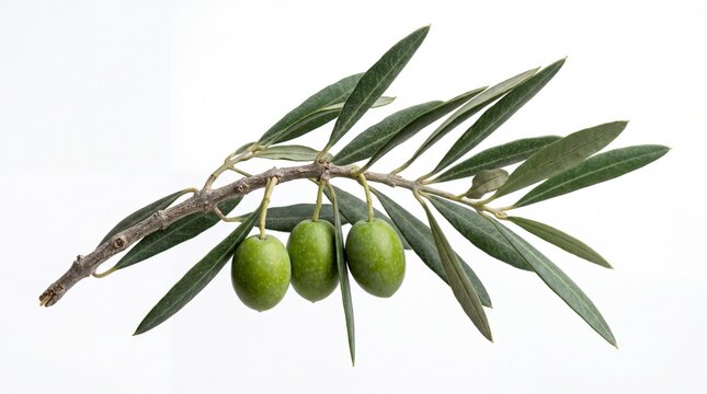 A small branch of an olive tree featuring three fresh green fruits and several slender leaves