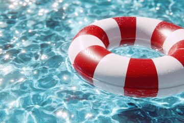Naklejka premium A red and white striped inflatable ring floating in a swimming pool.