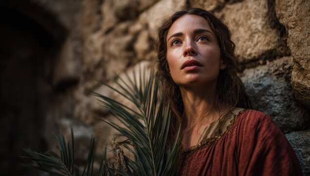 Mary Magdalene holding palm leaves.