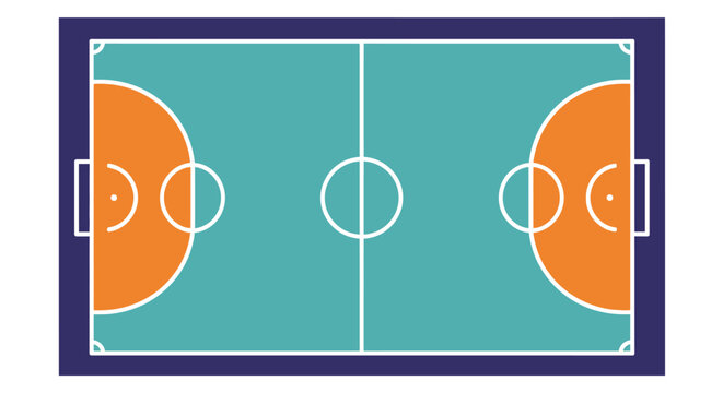Teal and Orange Futsal Soccer Court Top View Flat Design in Bright Studio