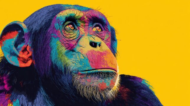A chimpanzee is shown in profile with a bright yellow background. The fur and face have a range of colors. The chimpanzee displays its expressive eyes and relaxed posture in this artwork.